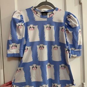 Nooworks Blue and White Grumpy Cat Puff-sleeve Tee Sz L 😻😻😻NWOT Limited Edition
